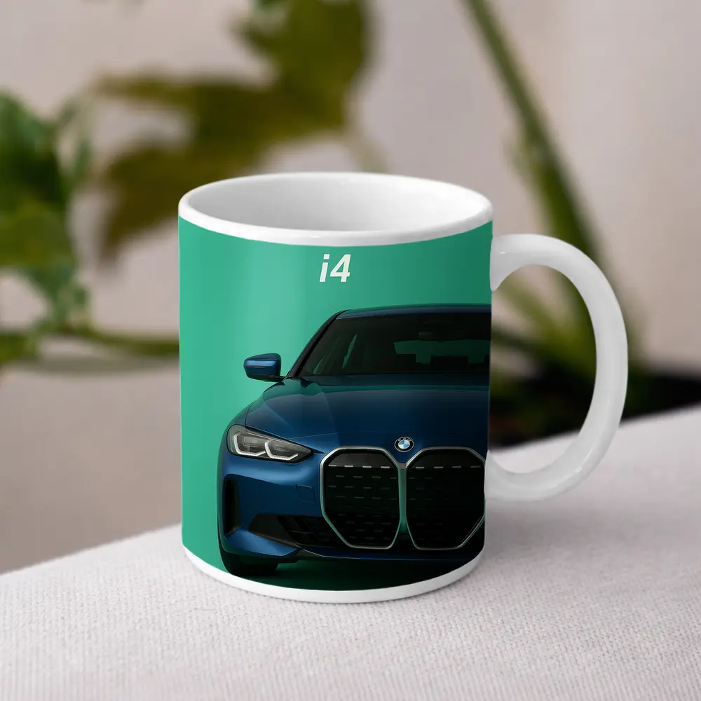 BMW i4 Front View Green Background – Mugs