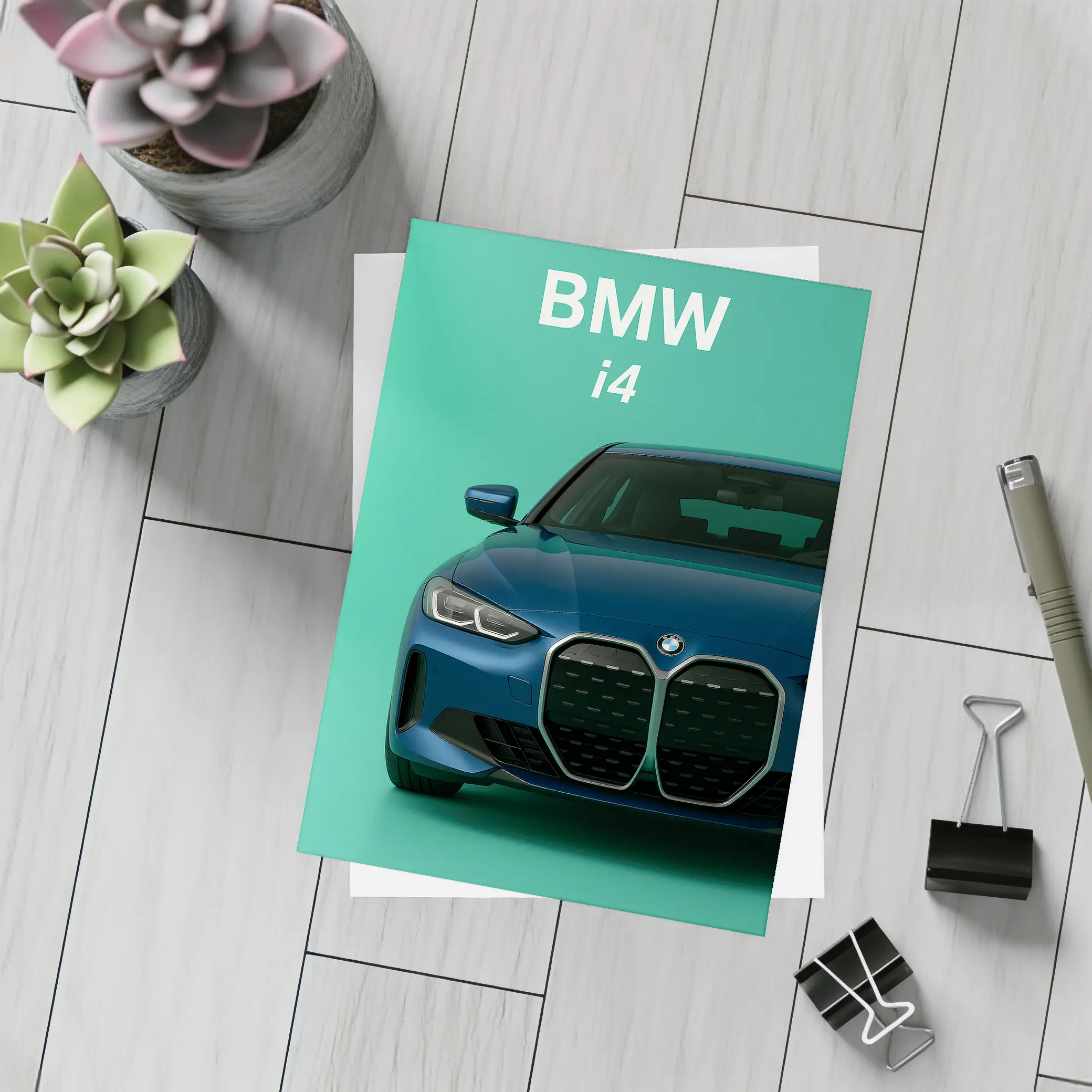 BMW i4 Front View Green Background – Postcards