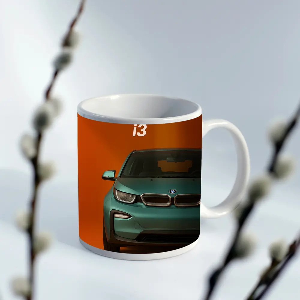 BMW i3 Electric Car Orange Background Art – Mugs
