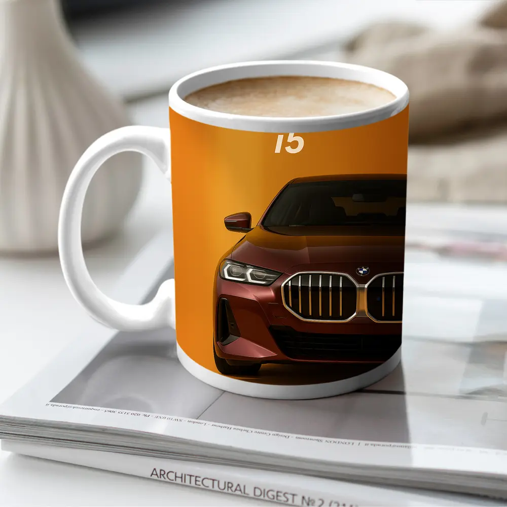 BMW i5 Front View Orange Background – Mugs