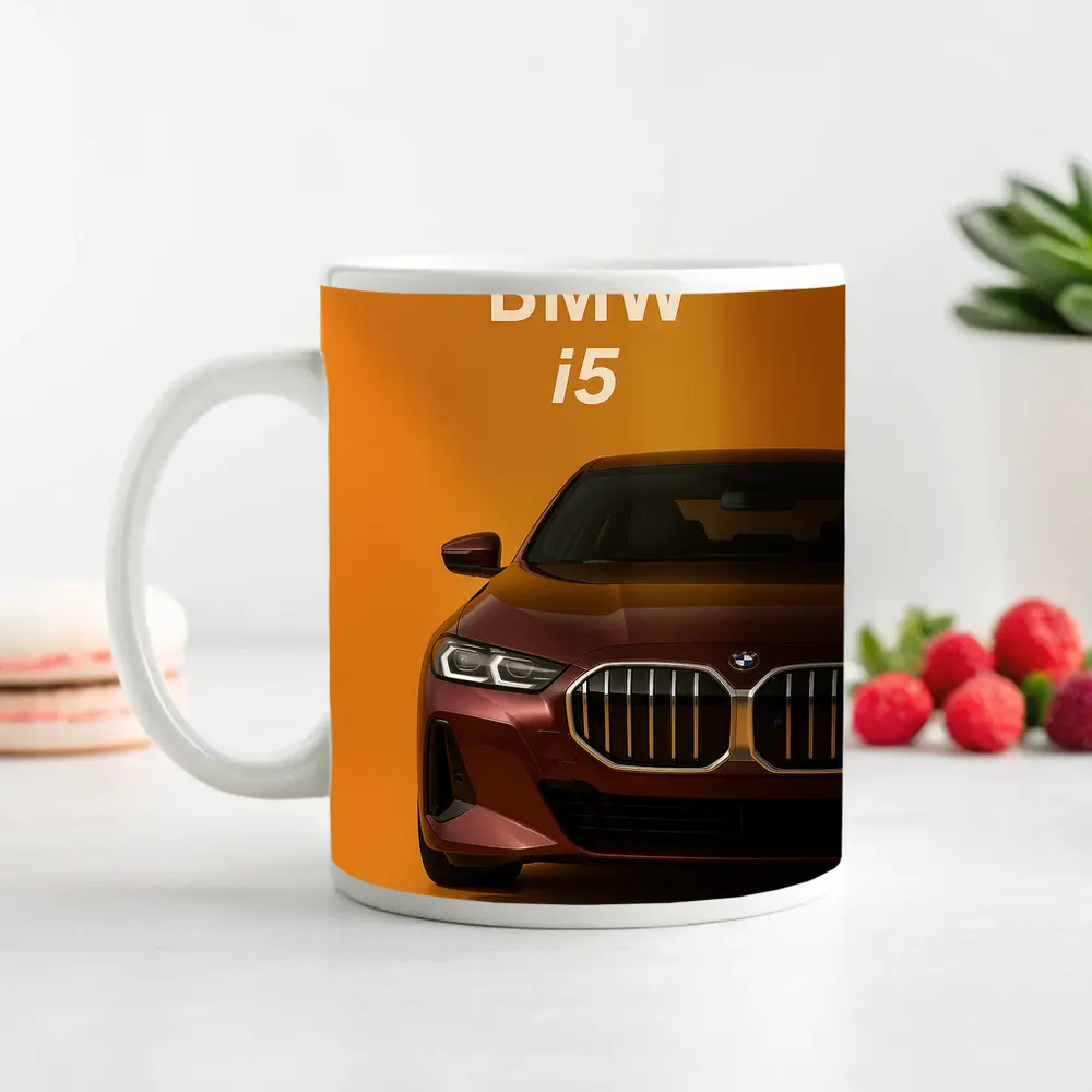 BMW i5 Front View Orange Background – Mugs
