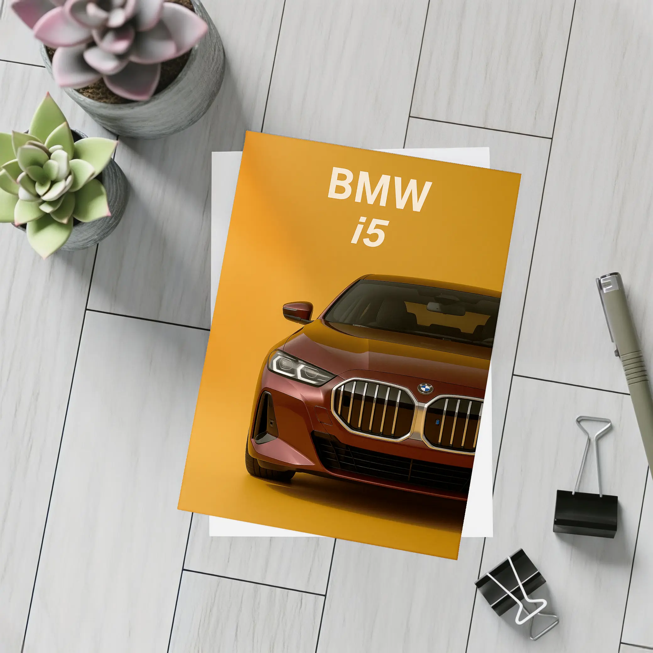 BMW i5 Front View Orange Background – Postcards