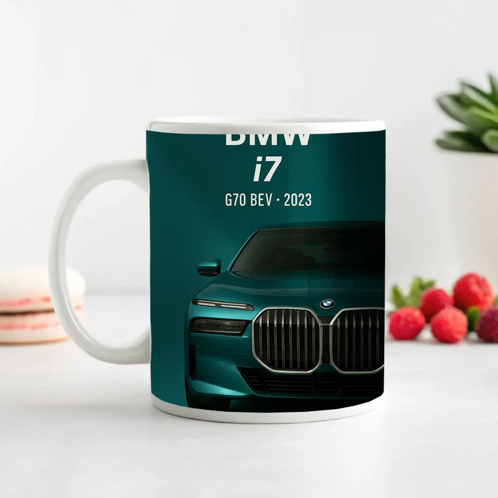 BMW i7 G70 Electric Sedan Teal Background – Mugs