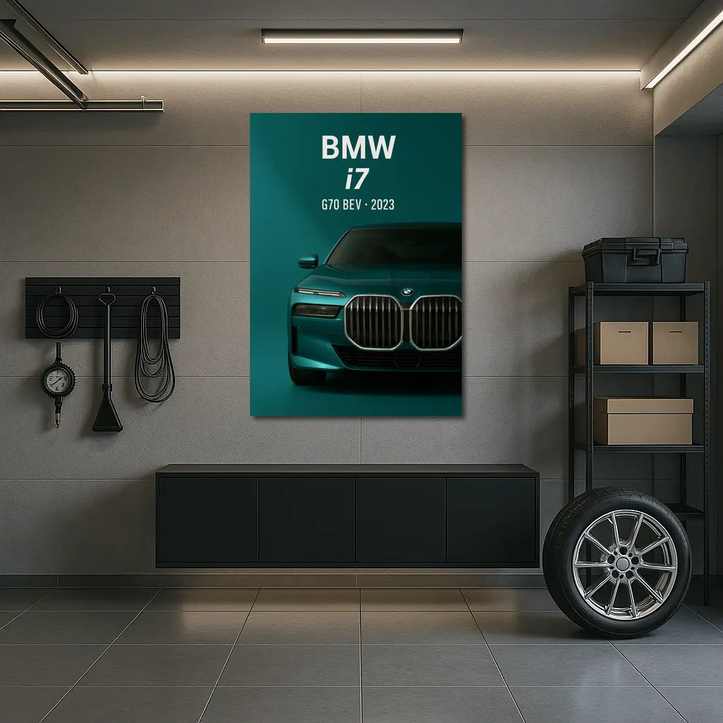 BMW i7 G70 Electric Sedan Teal Background – Wall Art
