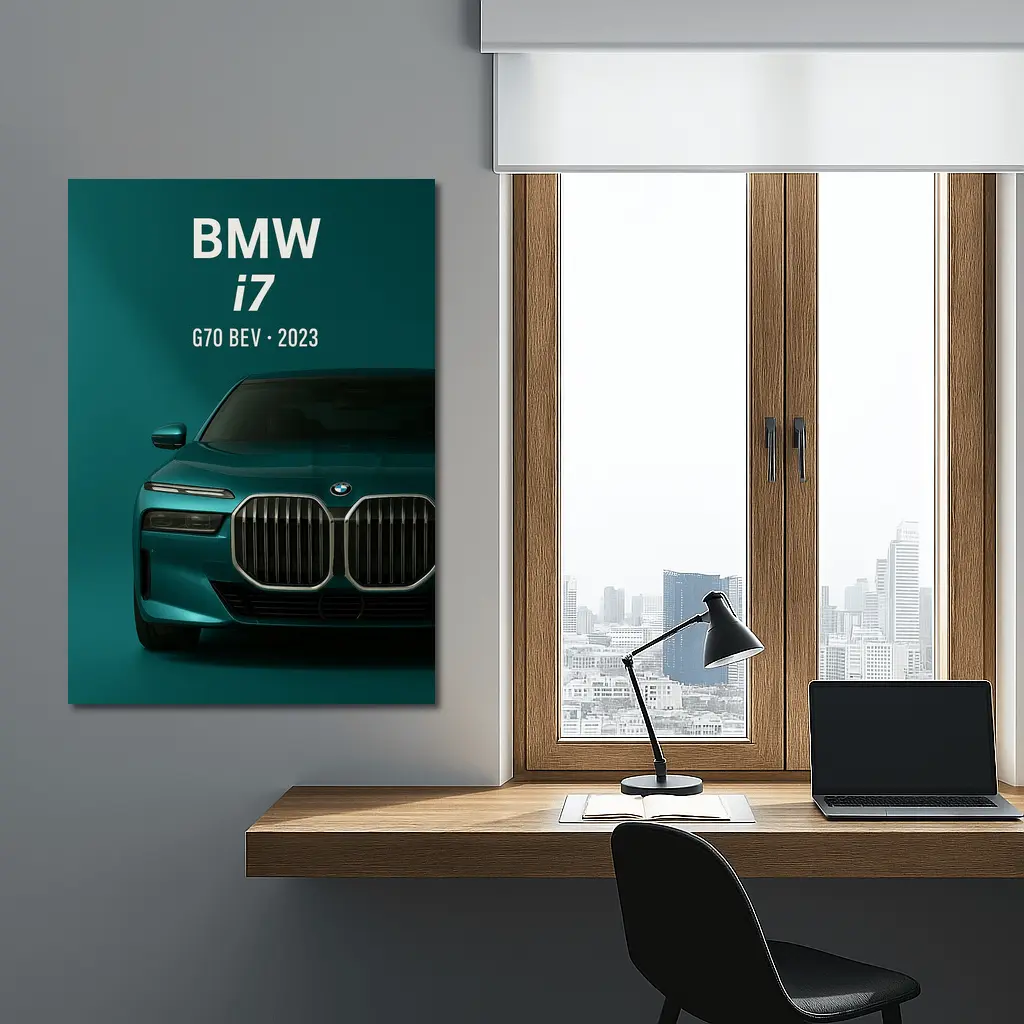 BMW i7 G70 Electric Sedan Teal Background – Wall Art
