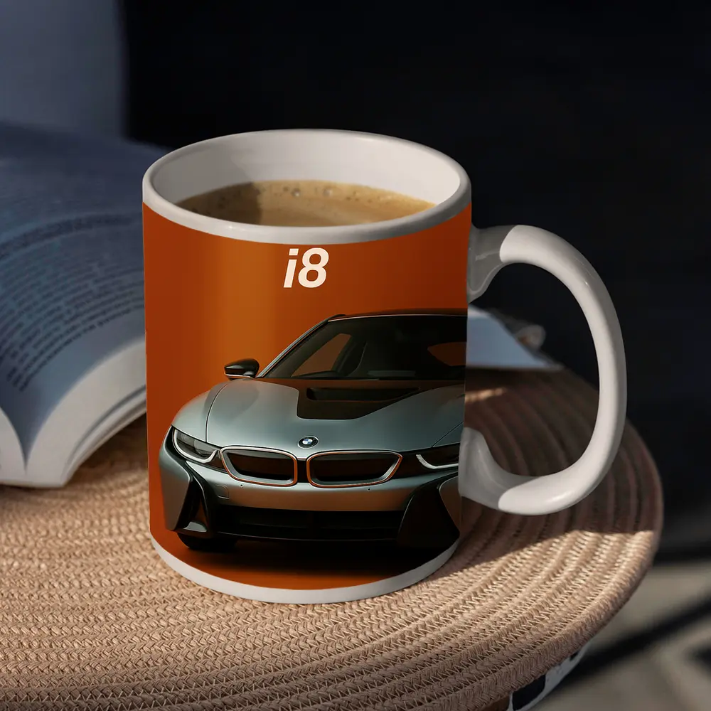 BMW i8 Sports Car Orange Background – Mugs