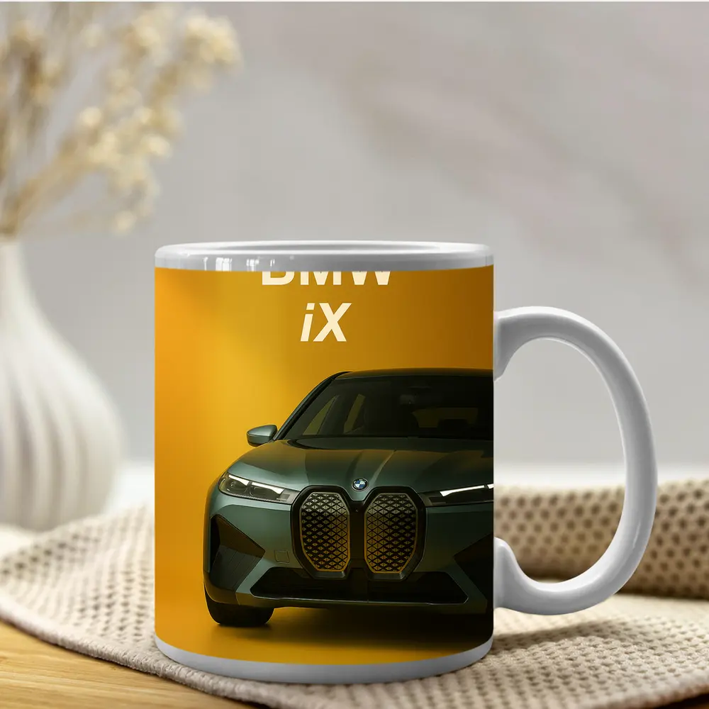 BMW iX Front View Yellow Background – Mugs