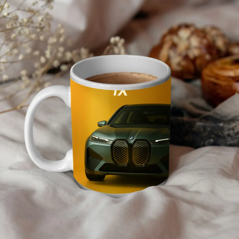BMW iX Front View Yellow Background – Mugs