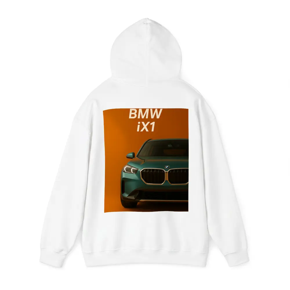 BMW iX1 Front View Orange Background – Hoodies