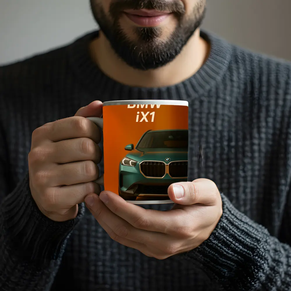 BMW iX1 Front View Orange Background – Mugs