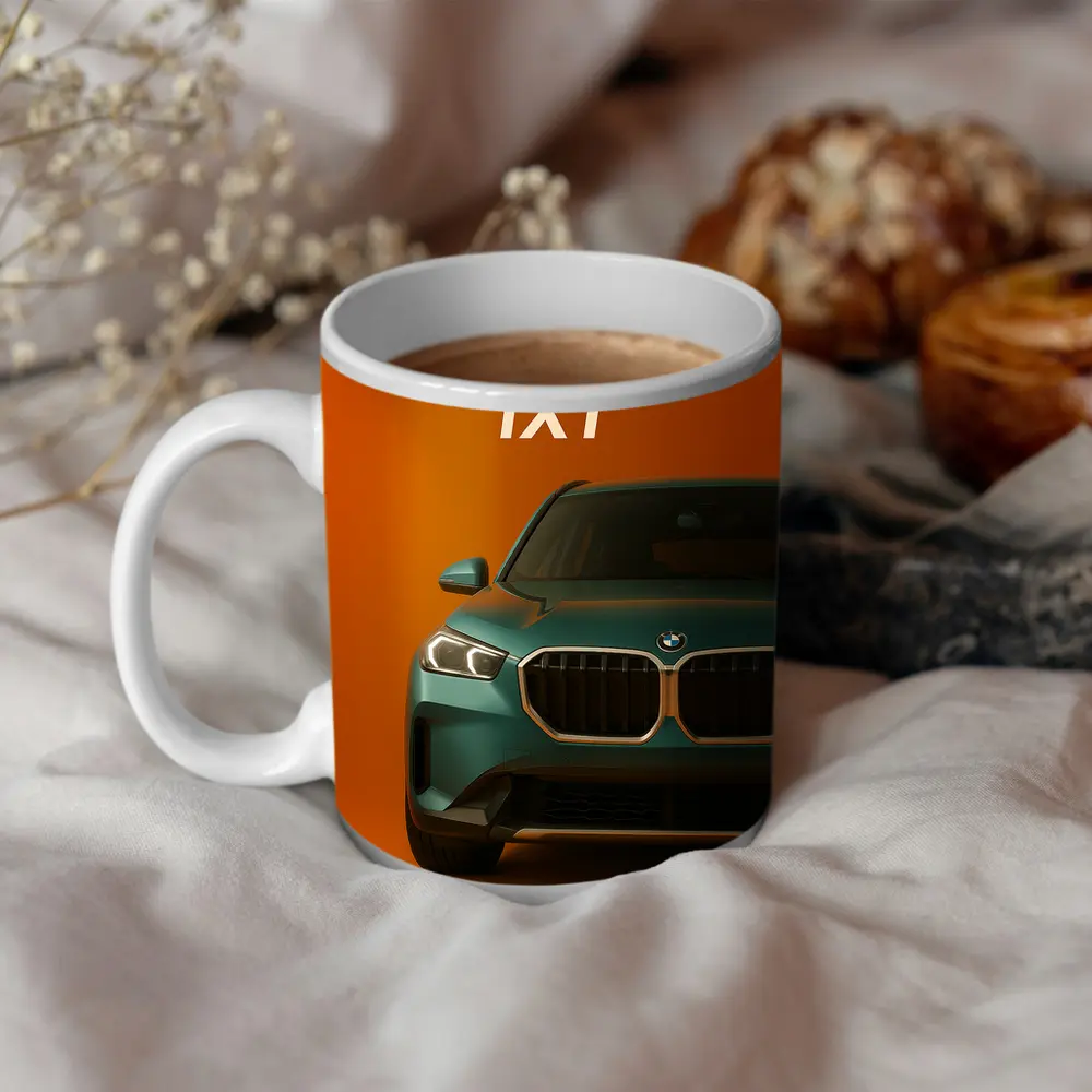 BMW iX1 Front View Orange Background – Mugs