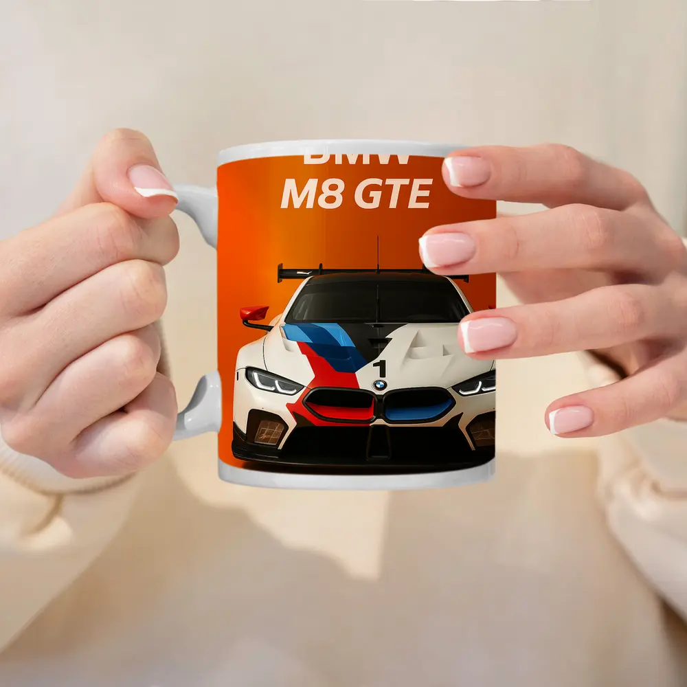 BMW M8 GTE Racing Car Orange Background – Mugs