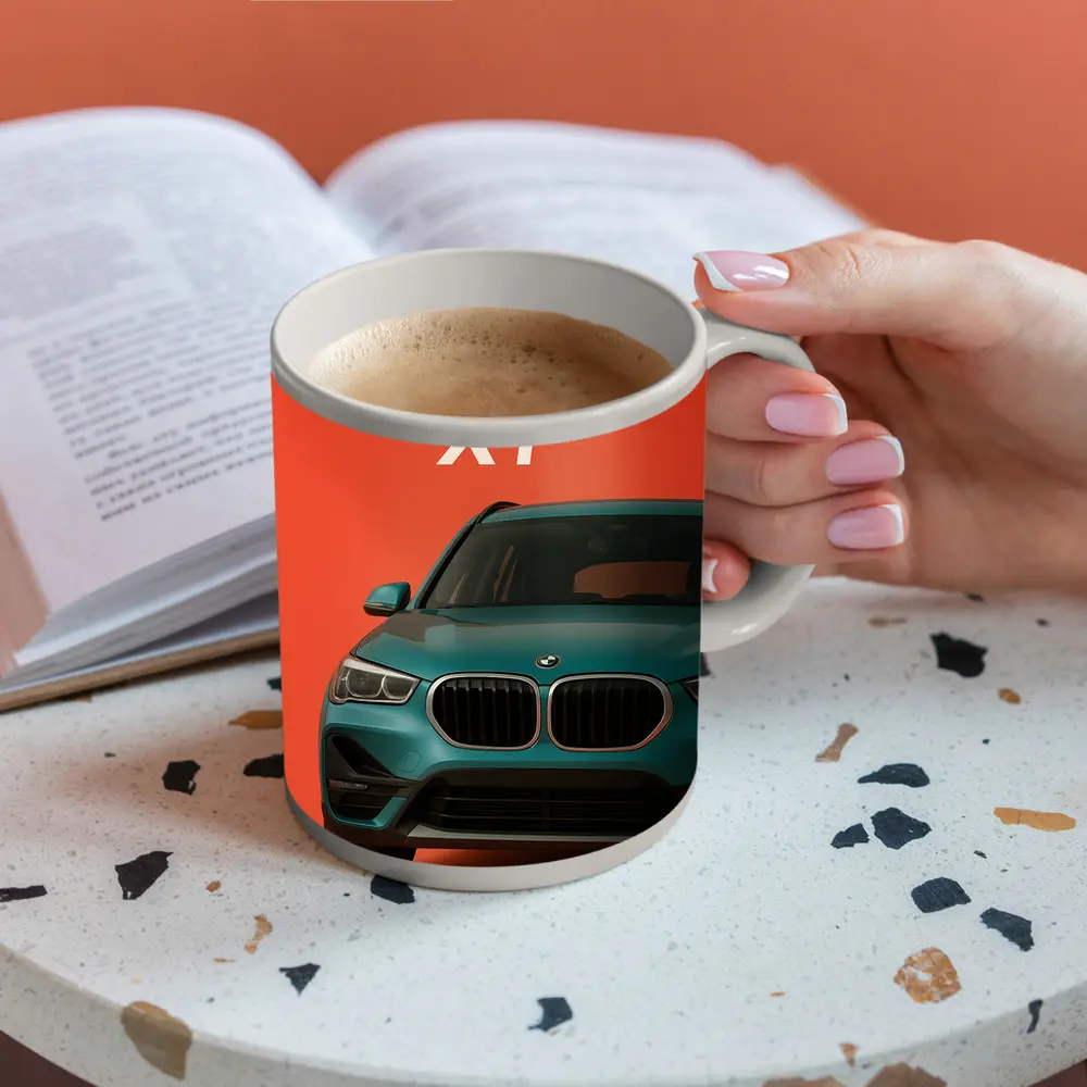 BMW X1 Teal SUV Orange Background Art – Mugs