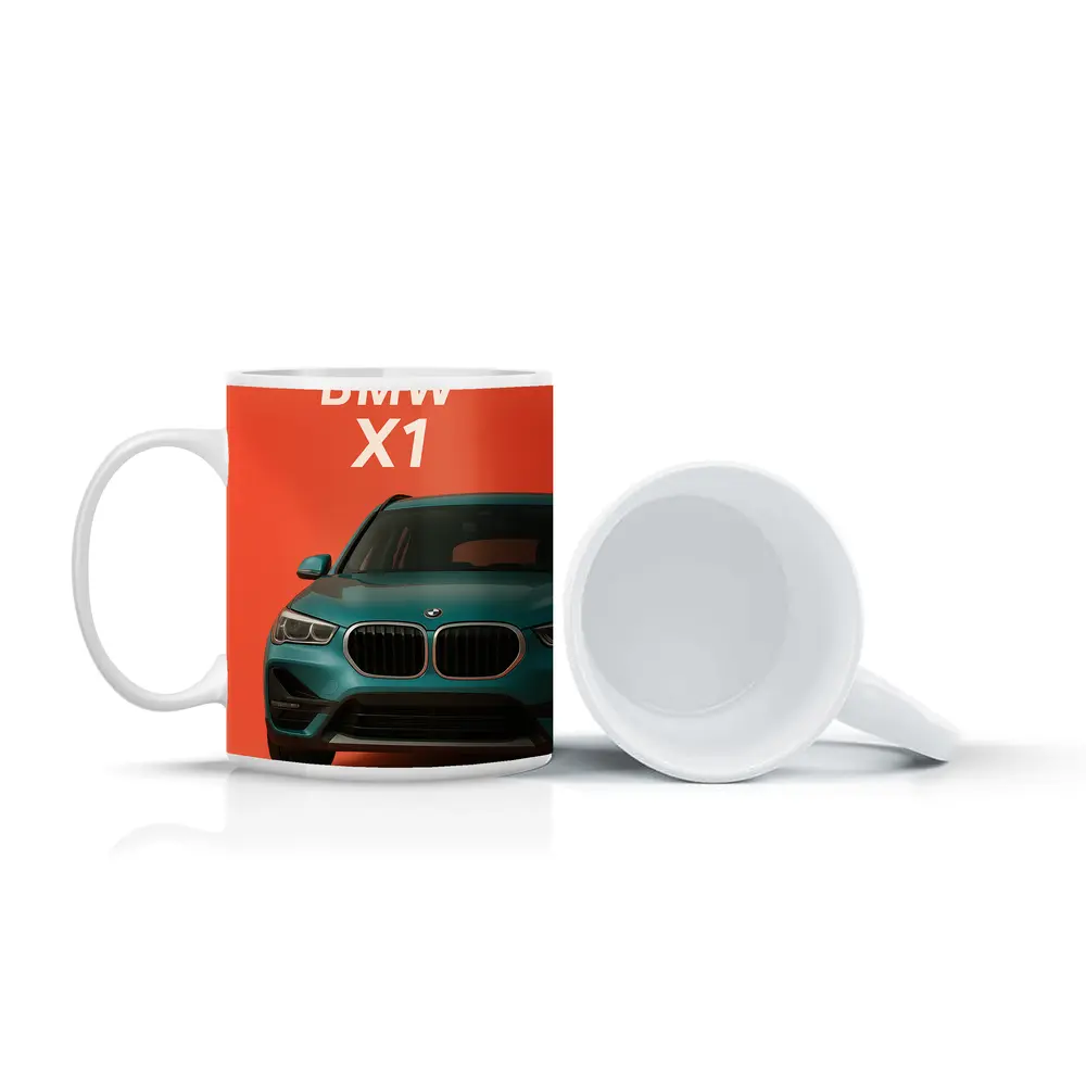 BMW X1 Teal SUV Orange Background Art – Mugs