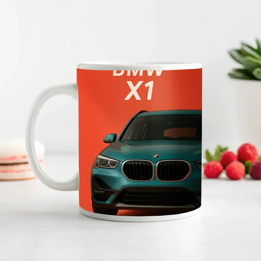 BMW X1 Teal SUV Orange Background Art – Mugs