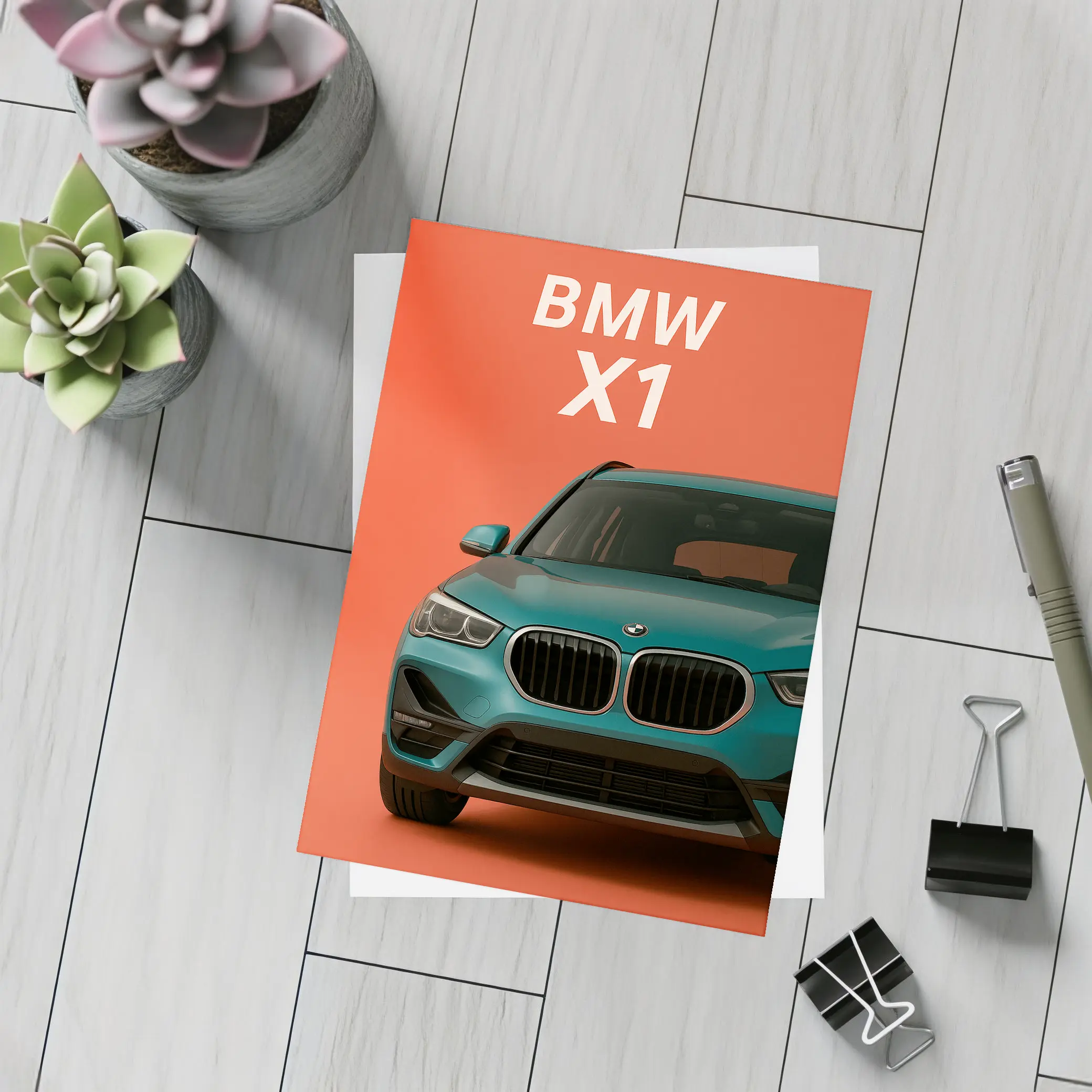 BMW X1 Teal SUV Orange Background Art – Postcards