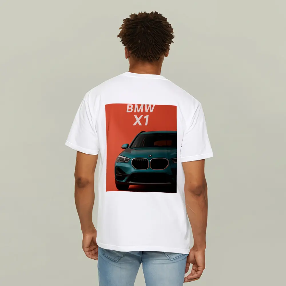 BMW X1 Teal SUV Orange Background Art – T-Shirts
