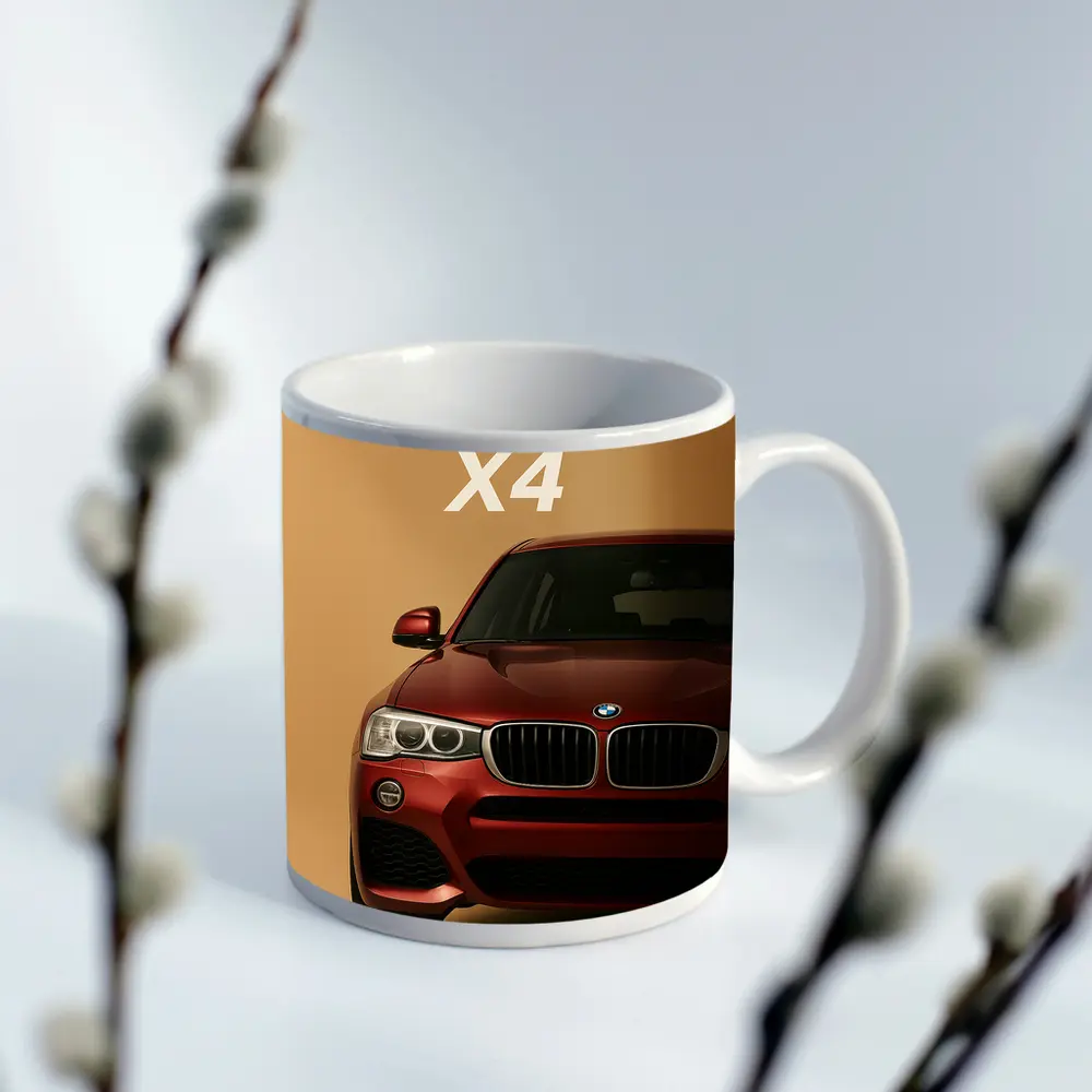 BMW X4 Red SUV Beige Background Art – Mugs