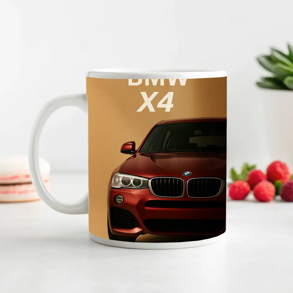 BMW X4 Red SUV Beige Background Art – Mugs