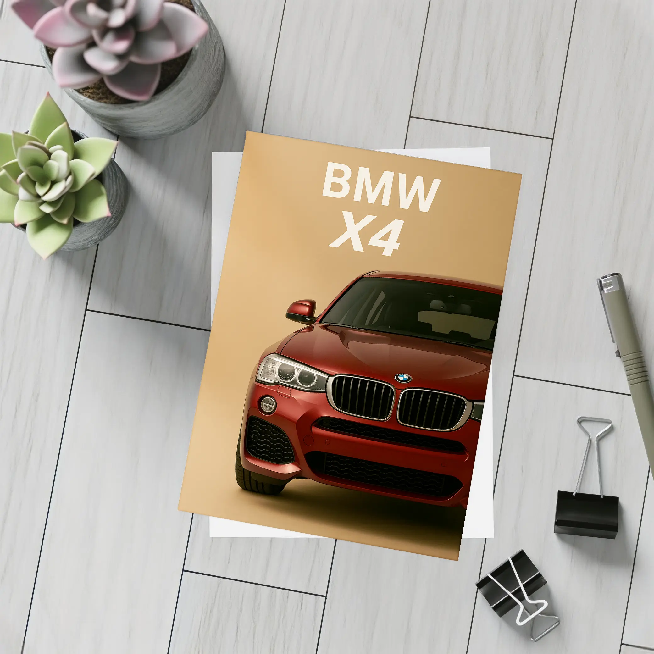 BMW X4 Red SUV Beige Background Art – Postcards