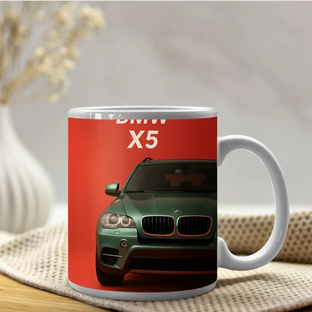 BMW X5 Green SUV Red Background Art – Mugs