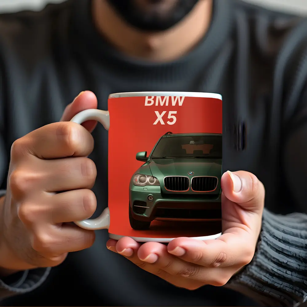 BMW X5 Green SUV Red Background Art – Mugs