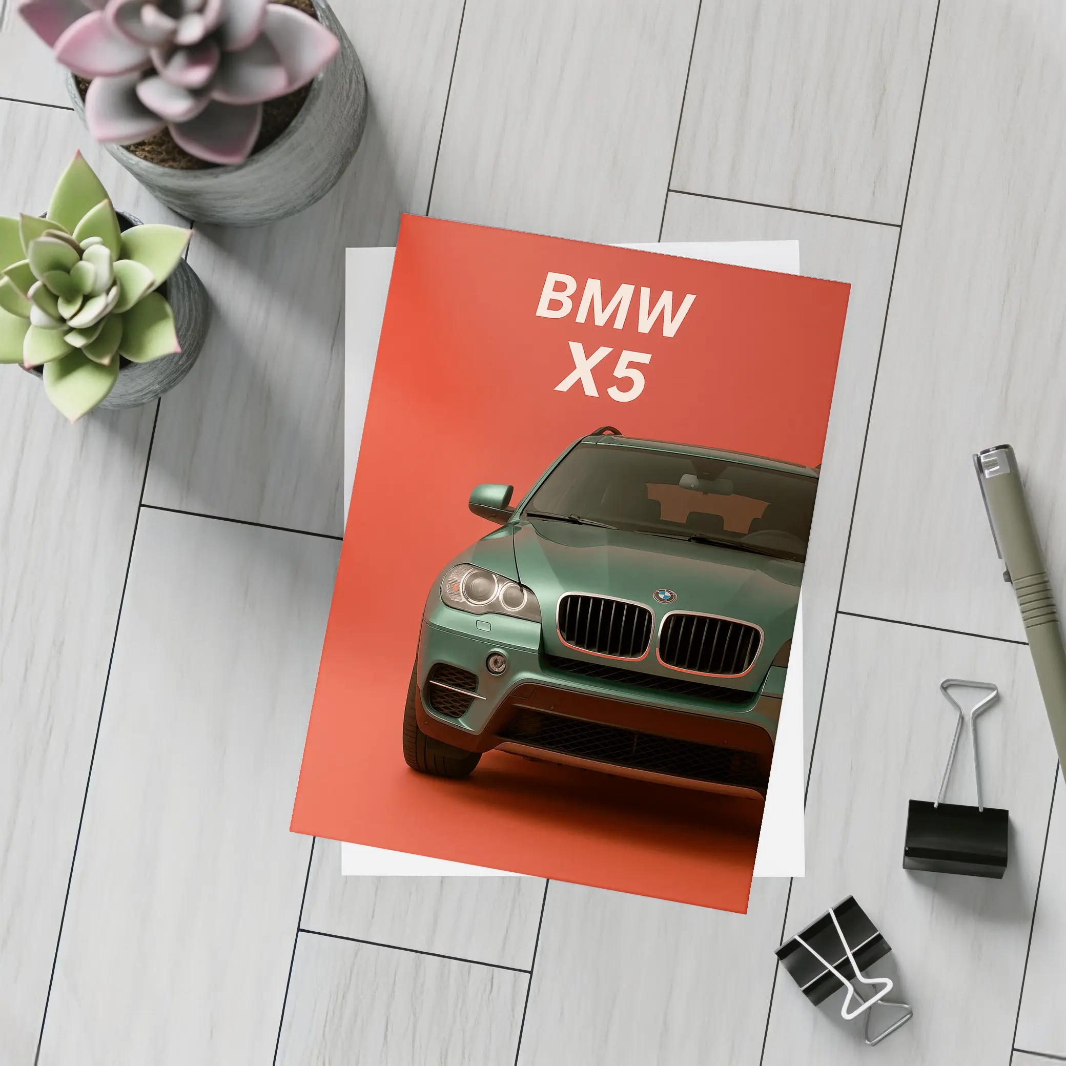 BMW X5 Green SUV Red Background Art – Postcards