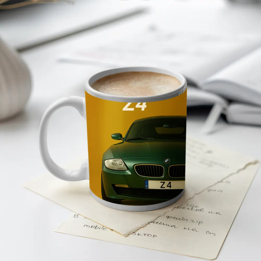 BMW Z4 Green Car Yellow Background Art – Mugs