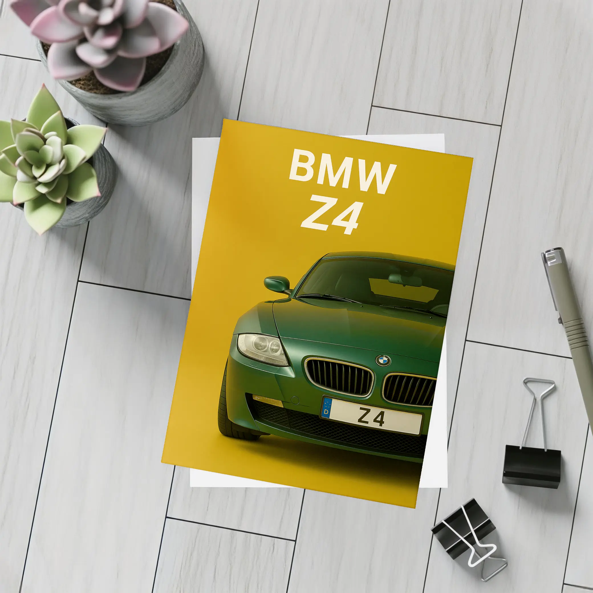 BMW Z4 Green Car Yellow Background Art – Postcards