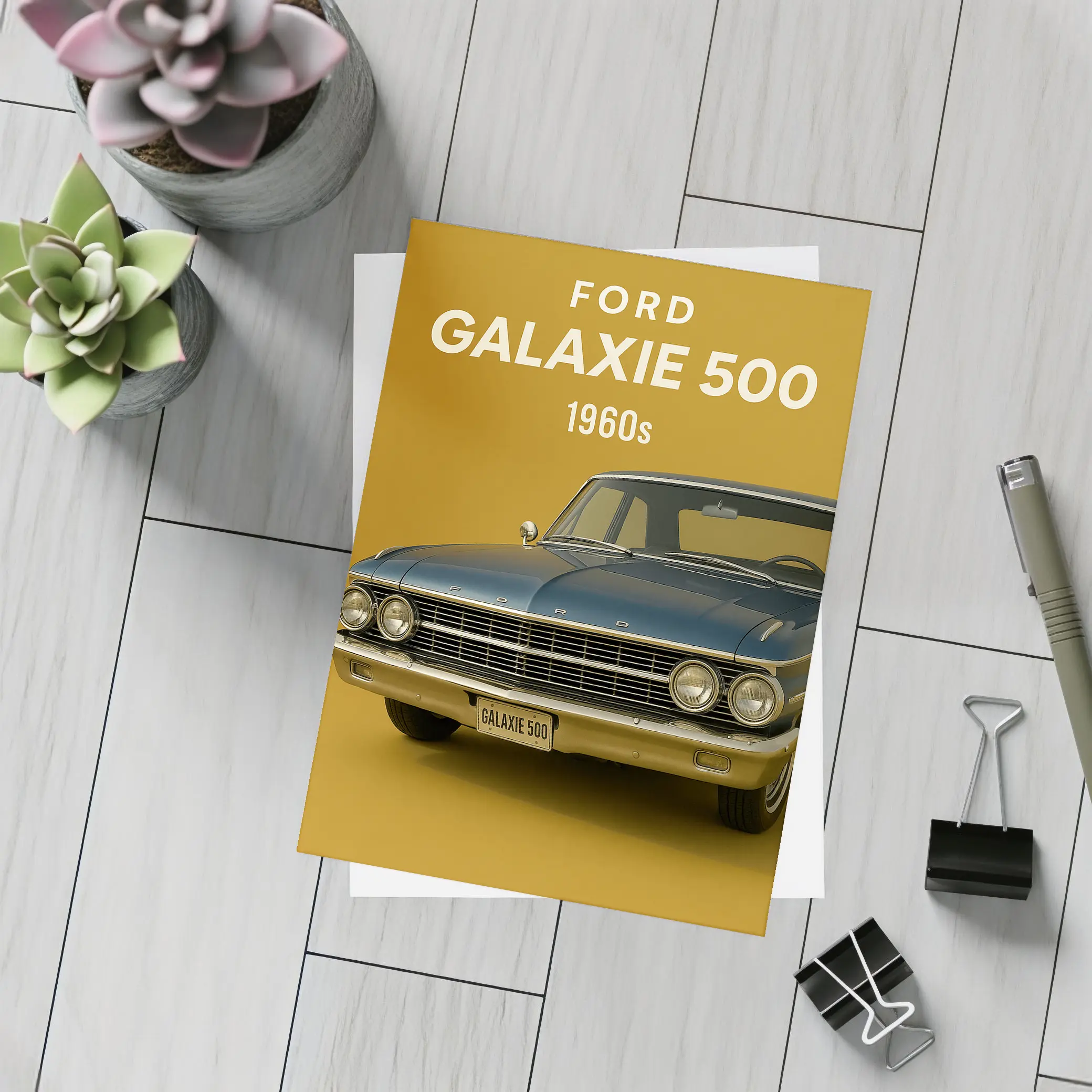 Ford Galaxie 500 Classic Car Gold Background – Postcards