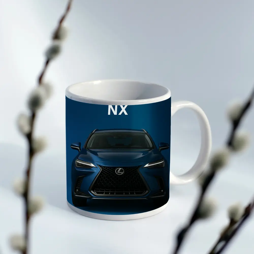 Lexus NX Blue Front View Dark Background – Mugs