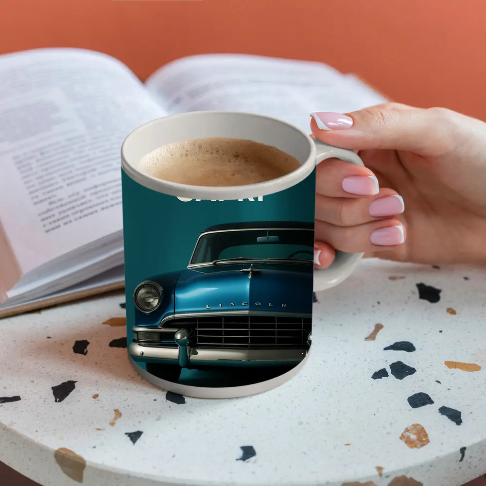 Lincoln Capri Classic Car Teal Background – Mugs