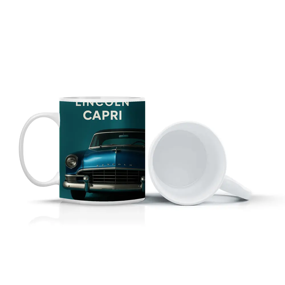Lincoln Capri Classic Car Teal Background – Mugs
