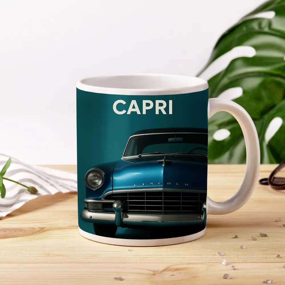 Lincoln Capri Classic Car Teal Background – Mugs
