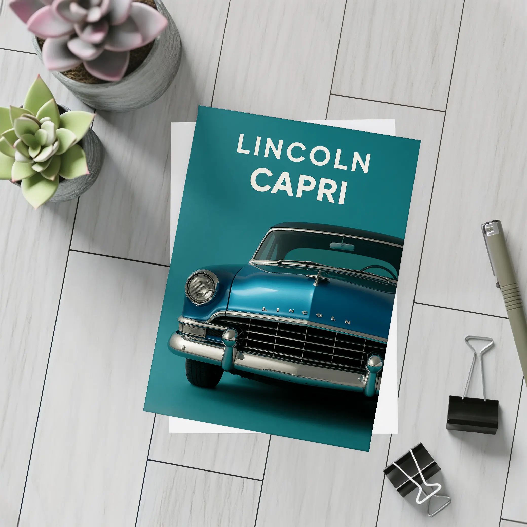 Lincoln Capri Classic Car Teal Background – Postcards