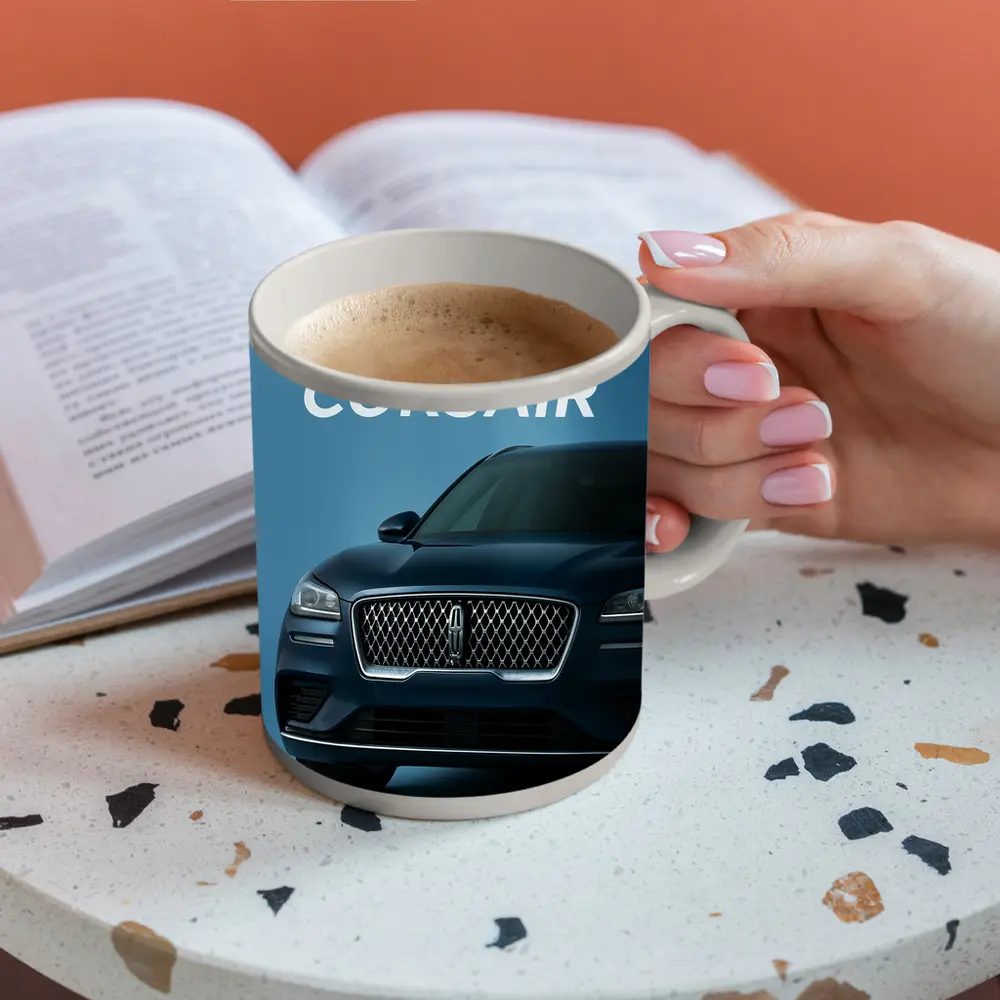 Lincoln Corsair Front View Blue Background – Mugs