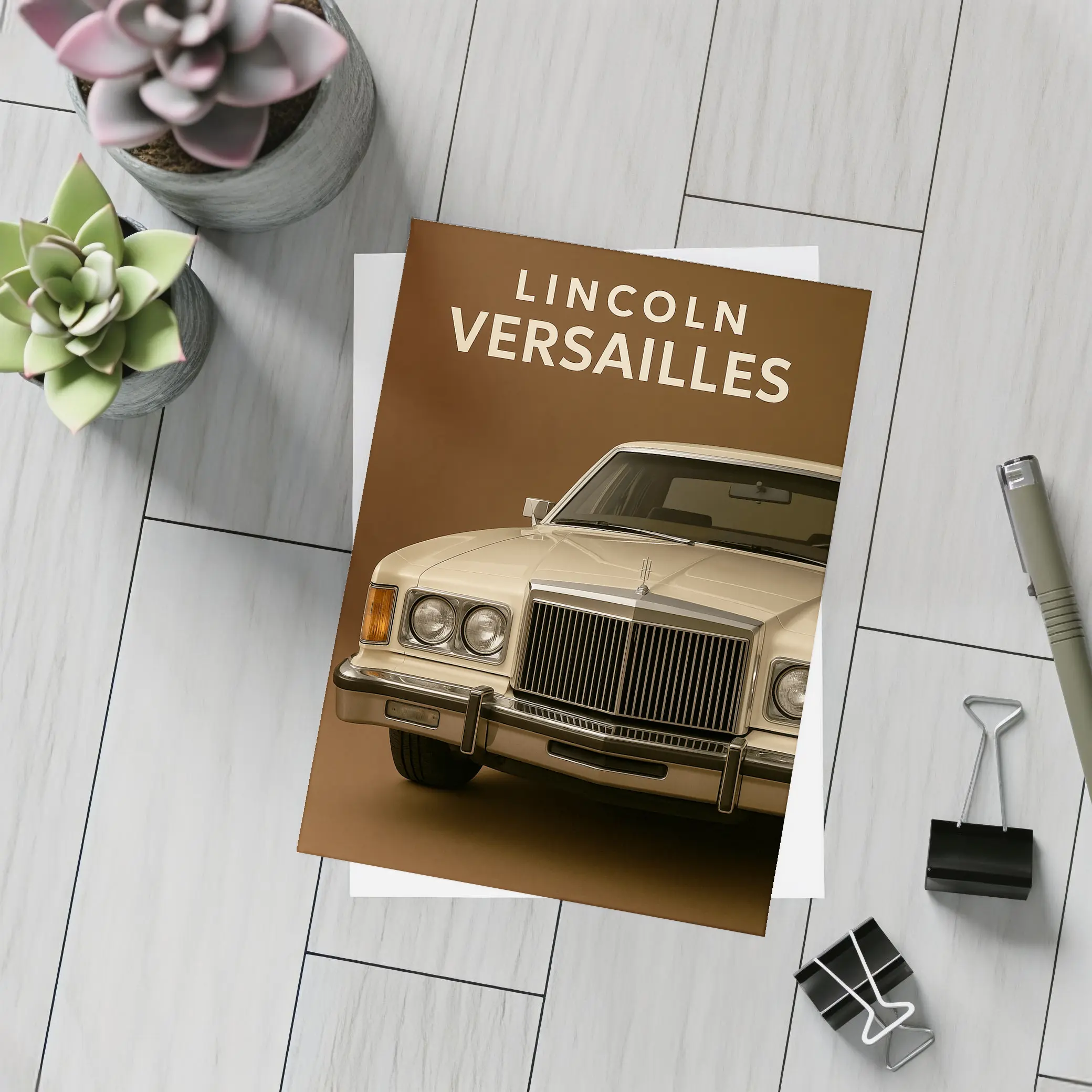 Lincoln Versailles Classic Car Brown Background – Postcards
