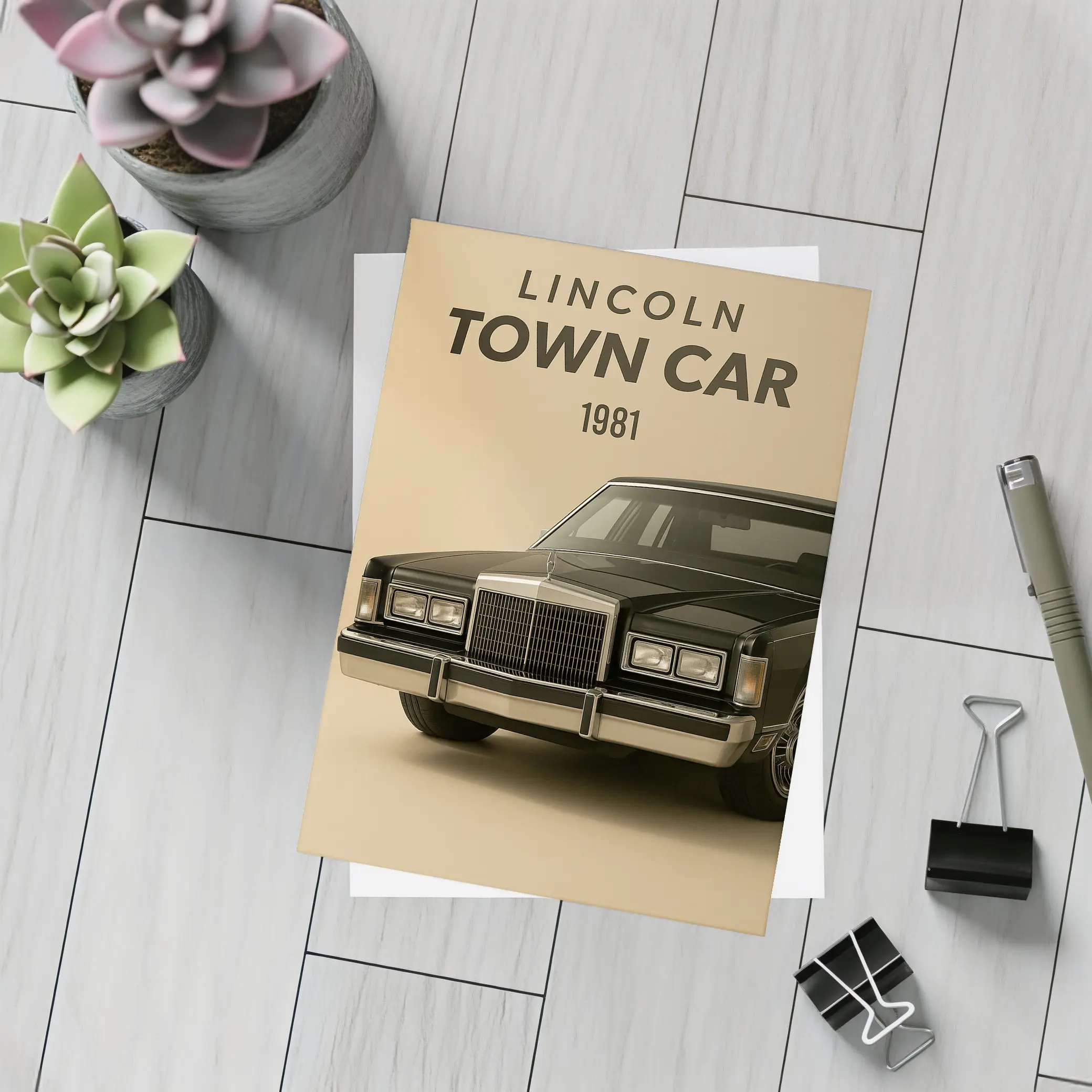 Lincoln Town Car 1981 Beige Background Art – Postcards