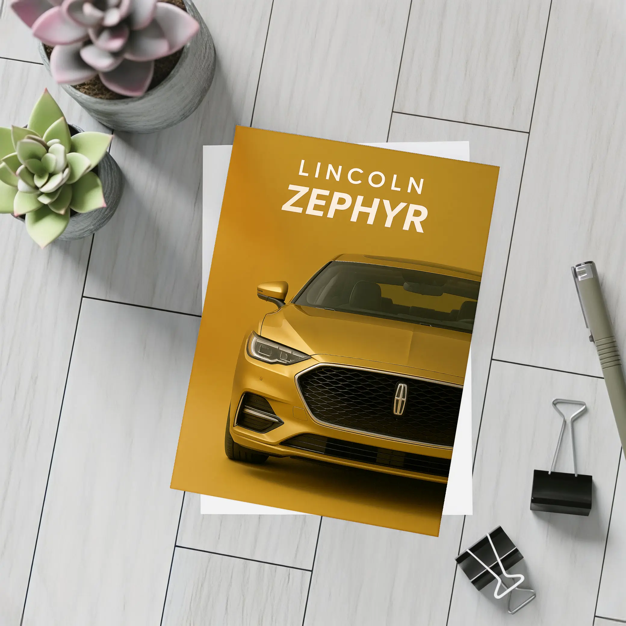 Lincoln Zephyr Gold Front View Art – Postcards