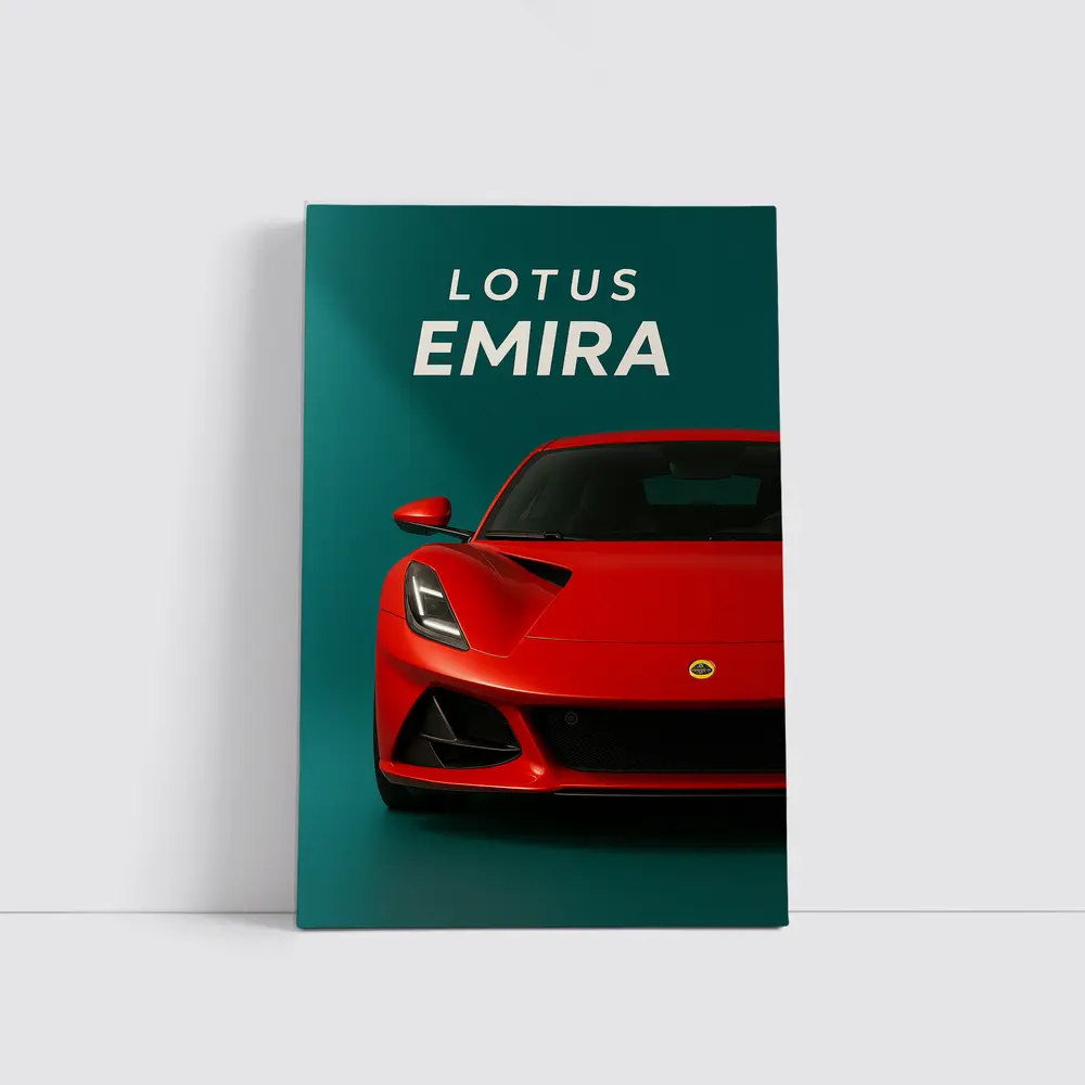 Lotus Emira Red Sports Car Teal Background – Wall Art