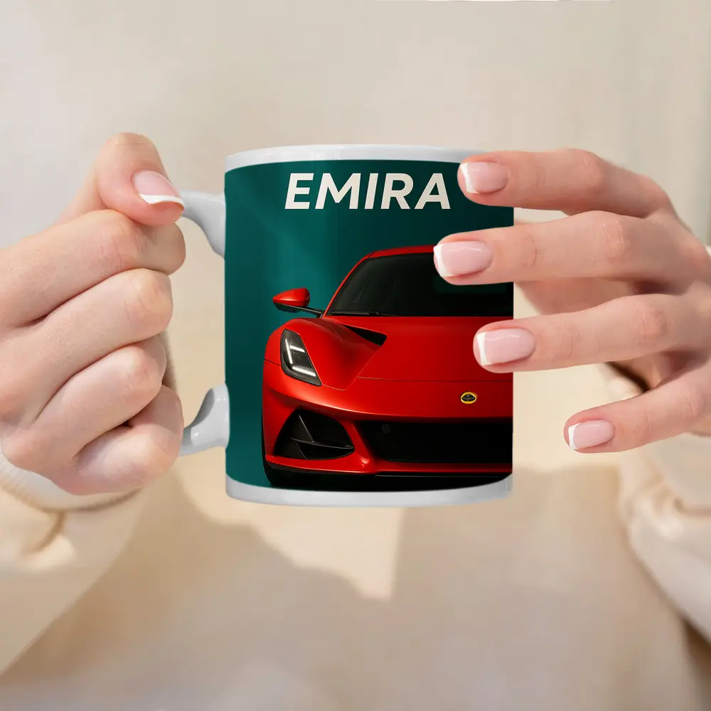 Lotus Emira Red Sports Car Teal Background – Mugs