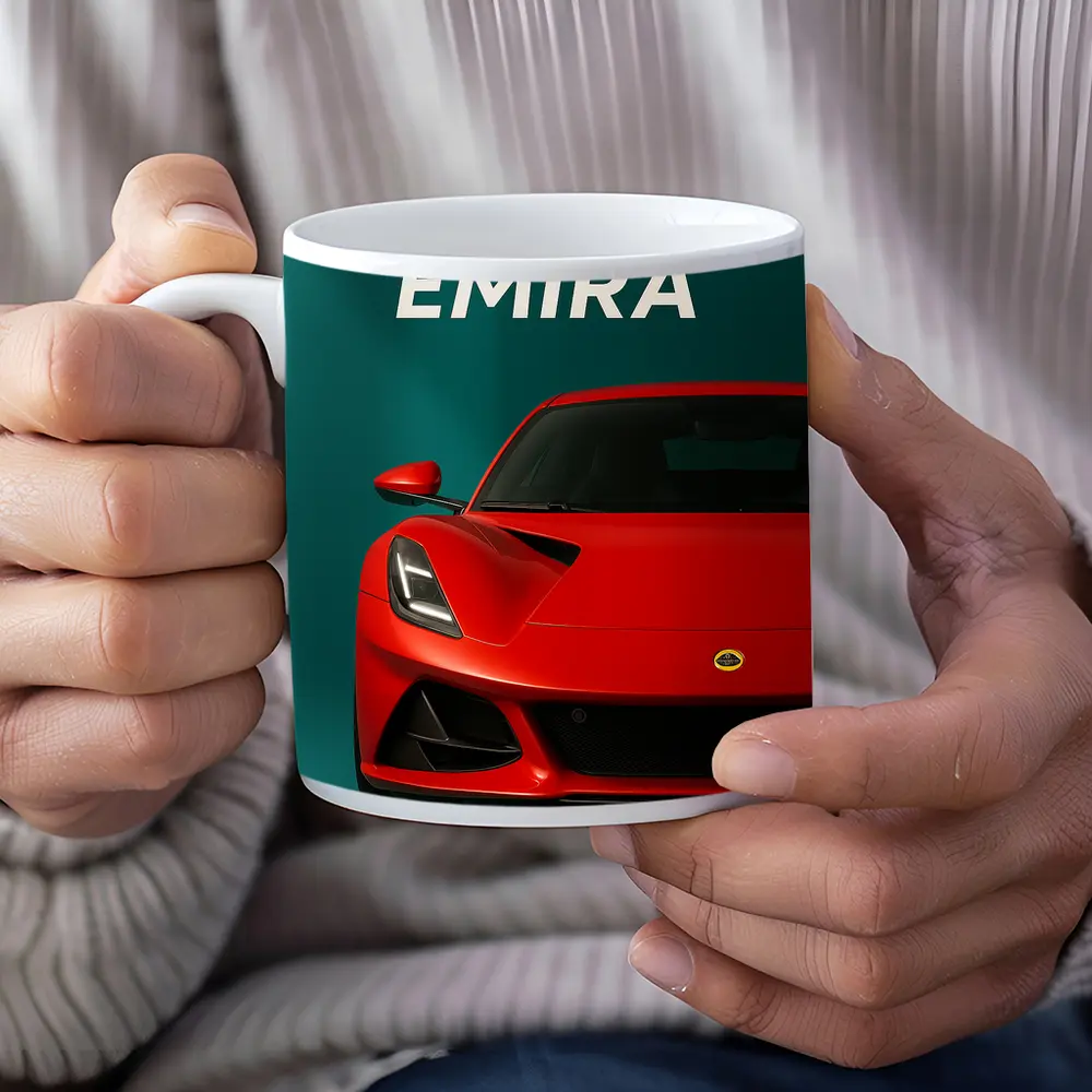 Lotus Emira Red Sports Car Teal Background – Mugs