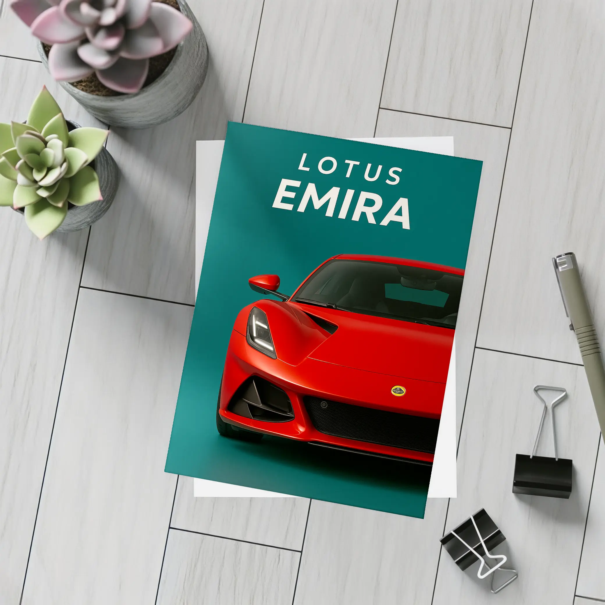 Lotus Emira Red Sports Car Teal Background – Postcards