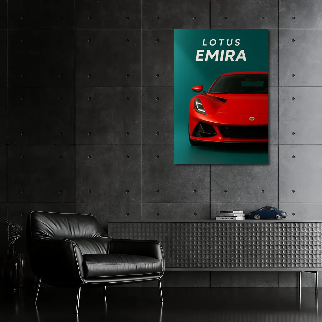 Lotus Emira Red Sports Car Teal Background – Wall Art