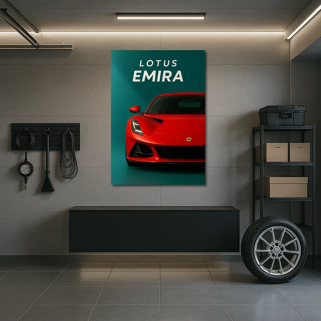 Lotus Emira Red Sports Car Teal Background – Wall Art