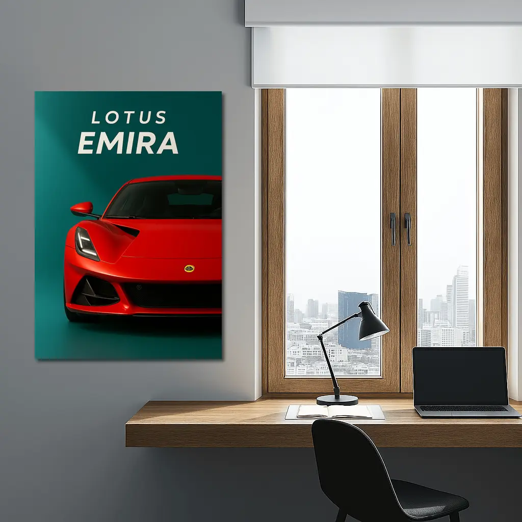Lotus Emira Red Sports Car Teal Background – Wall Art