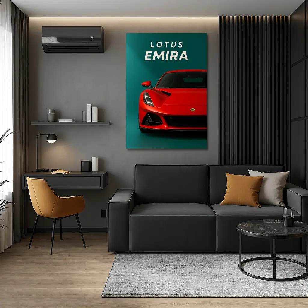 Lotus Emira Red Sports Car Teal Background – Wall Art