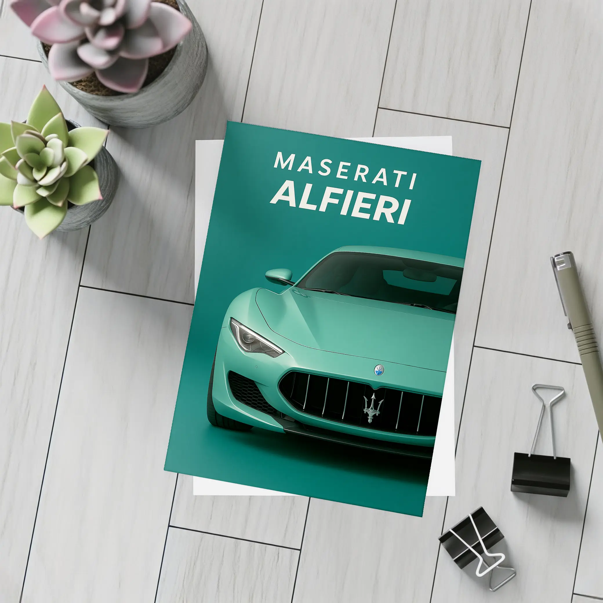 Maserati Alfieri Sports Car Teal Background – Postcards