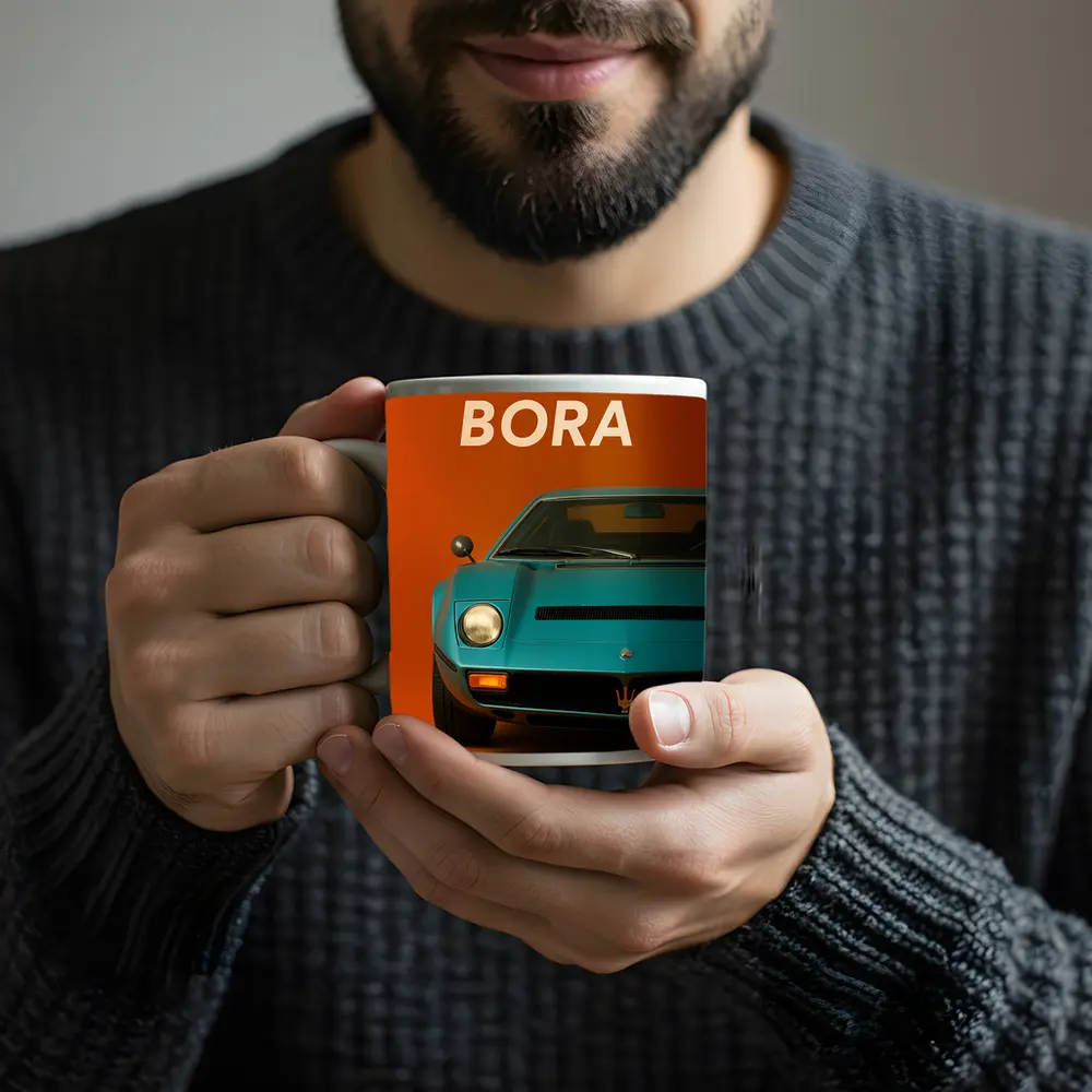 Maserati Bora Classic Car Orange Background – Mugs