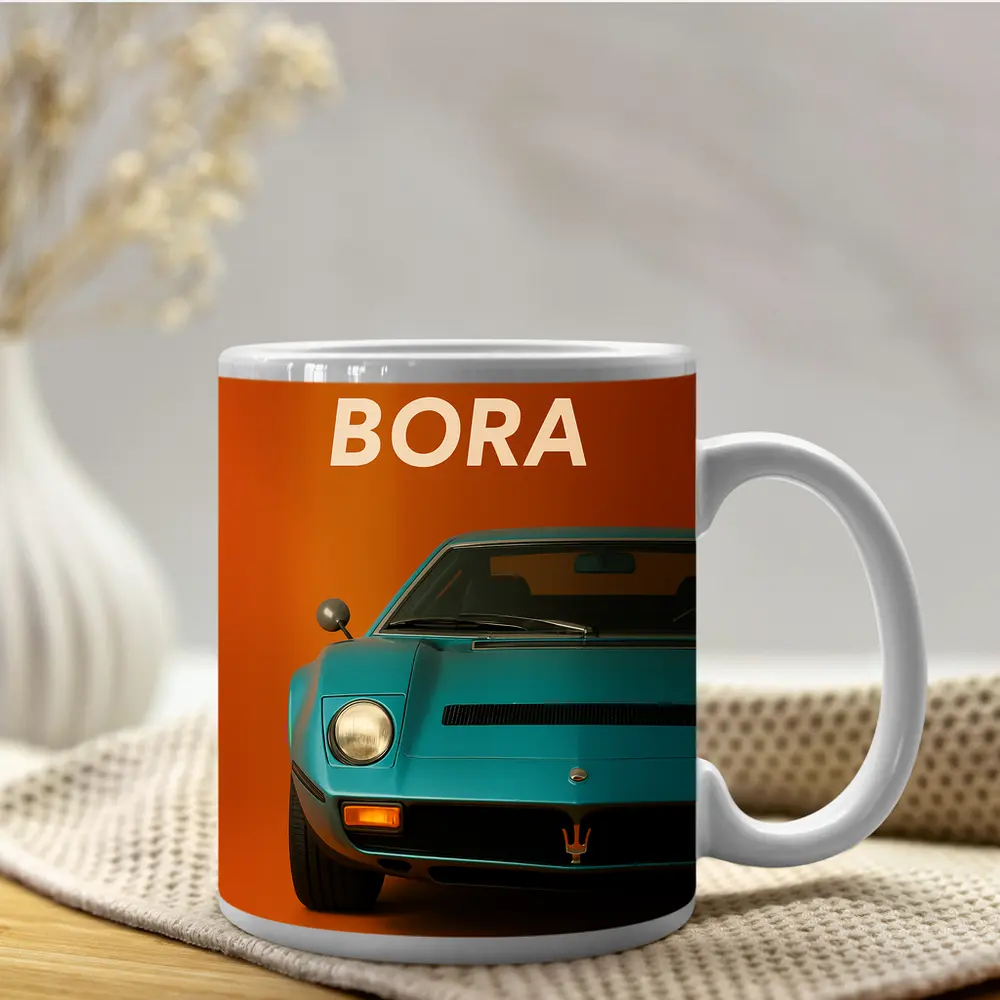 Maserati Bora Classic Car Orange Background – Mugs
